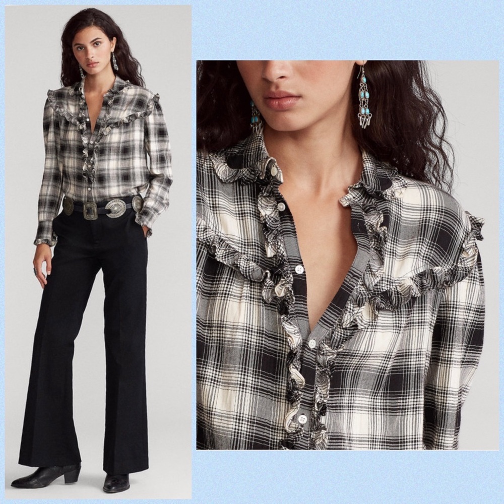 EUC Polo Ralph Lauren White & Black Plaid Twill Button Down Shirt w/ Ruffles